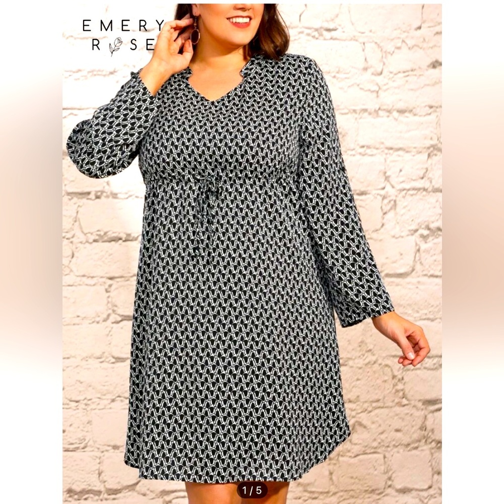 SHEIN Emory Rose Allover Black & White Print with Knot Front Dress Size 2XL